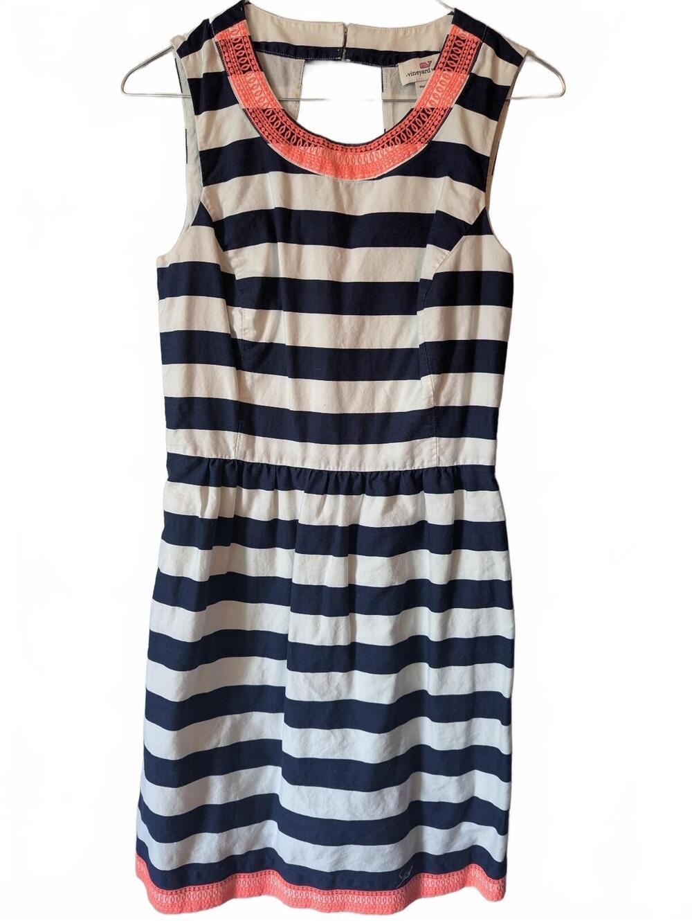 Vineyard Vines Navy and White Striped Cotton Dress with Coral Trim, Size 0